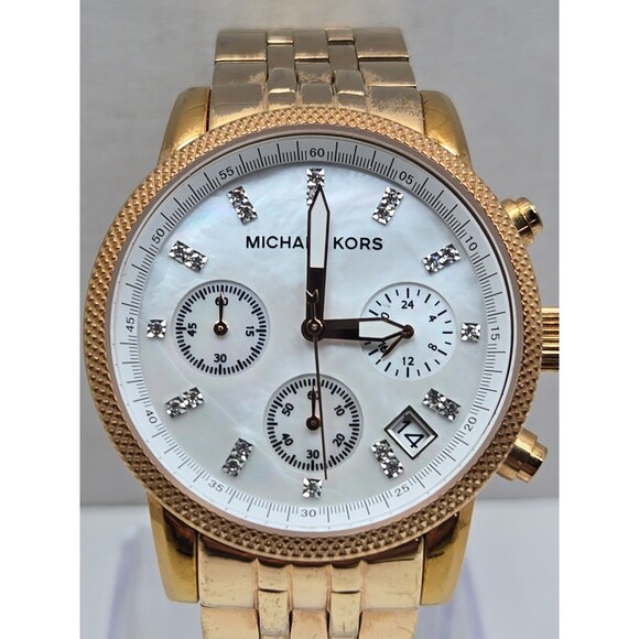 Michael Kors MK5026 Women Rose Gold MOP SS Chronograph Crystal Watch New Battery main image 7